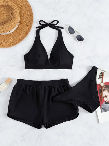 women's swimwear women swimsuit bikini 2023 three pieces solid black high waist bathing suit female shorts summer bikinis set beach 230, White;black
women's swimwear women swimsuit bikini 2023 three pieces solid black high waist bathing suit female shorts summer bikinis set beach 230, White;black