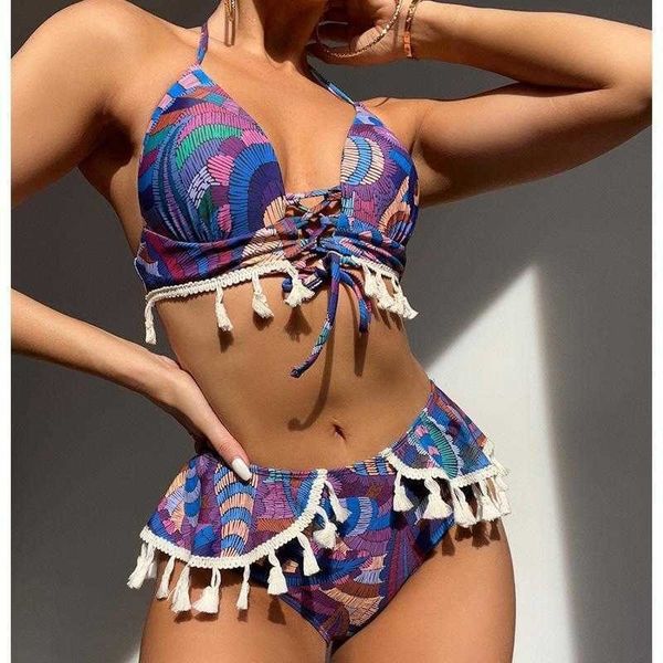 print brazilian ethnic style swimwear halter lace up tassel bikini womens, White;black
print brazilian ethnic style swimwear halter lace up tassel bikini womens, White;black
