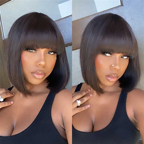 hair wigs short straight bob with bangs brazilian glueless full machine made human for women non lace 230412, Black
hair wigs short straight bob with bangs brazilian glueless full machine made human for women non lace 230412, Black