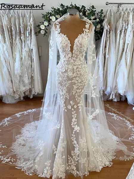 bohemian wedding dresses with cape lace appliques v neck mermaid bridal gowns, White
bohemian wedding dresses with cape lace appliques v neck mermaid bridal gowns, White