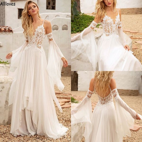 flowying chiffon a line wedding dresses with flare long sleeves spaghetti straps lace see through bridal gowns open back country beach robes, White
flowying chiffon a line wedding dresses with flare long sleeves spaghetti straps lace see through bridal gowns open back country beach robes, White