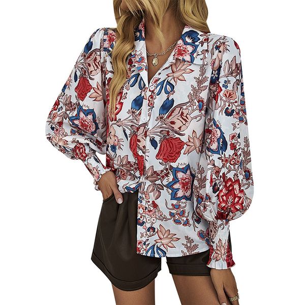 lapel neck paneled colorful print blouse fashion summer button down v-neck floral shirt with ruched elastic cuff lantern long sleeves floral, White
lapel neck paneled colorful print blouse fashion summer button down v-neck floral shirt with ruched elastic cuff lantern long sleeves floral, White