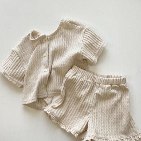 clothing sets children summer waffle cotton baby short sleeve shirt ruffle lace s kids outfits comfortable soft 230412, White 
clothing sets children summer waffle cotton baby short sleeve shirt ruffle lace s kids outfits comfortable soft 230412, White