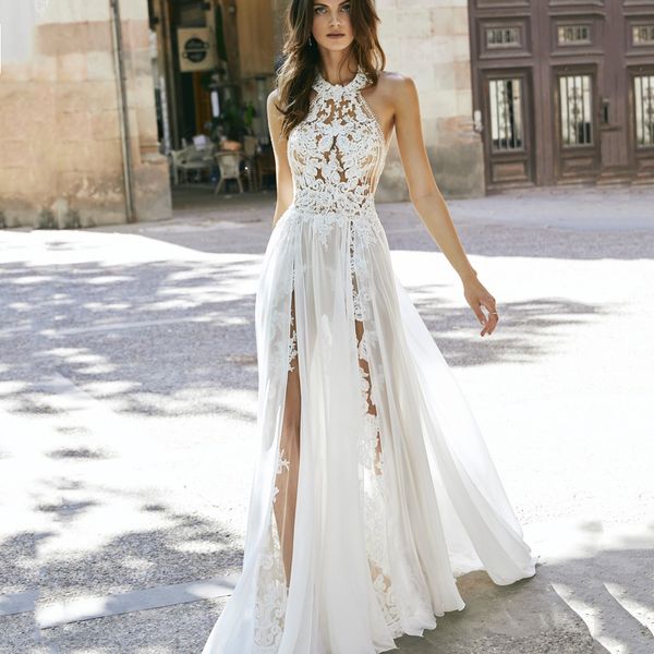 backless beach wedding dress halter neck sleeveless lace and chiffon long bridal gowns summer bohemian illusion vestido de novia for bride w, White
backless beach wedding dress halter neck sleeveless lace and chiffon long bridal gowns summer bohemian illusion vestido de novia for bride w, White