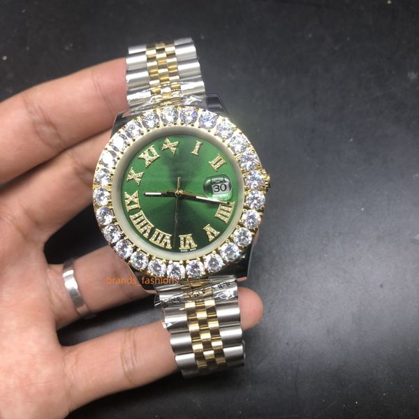 prong set cz diamond men's watch bi-gold plated stainless steel strap roman diamond scale 43mm green face high-quality automatic mechan, Slivery;brown 
prong set cz diamond men's watch bi-gold plated stainless steel strap roman diamond scale 43mm green face high-quality automatic mechan, Slivery;brown