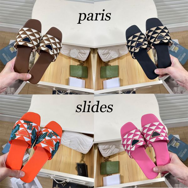 with box raffia embroidered flat mules designer slippers beach women shoes pine green gold schemes fuchsia flat slides luxury womens sandal, Black
with box raffia embroidered flat mules designer slippers beach women shoes pine green gold schemes fuchsia flat slides luxury womens sandal, Black