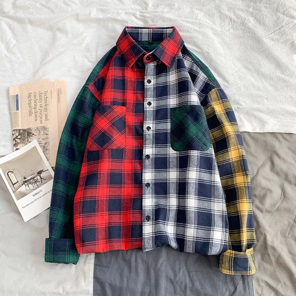 spring loose shirt for men plaid patchwork harajuku long sleeve blouses casual fashion male cardigan, White;black
spring loose shirt for men plaid patchwork harajuku long sleeve blouses casual fashion male cardigan, White;black