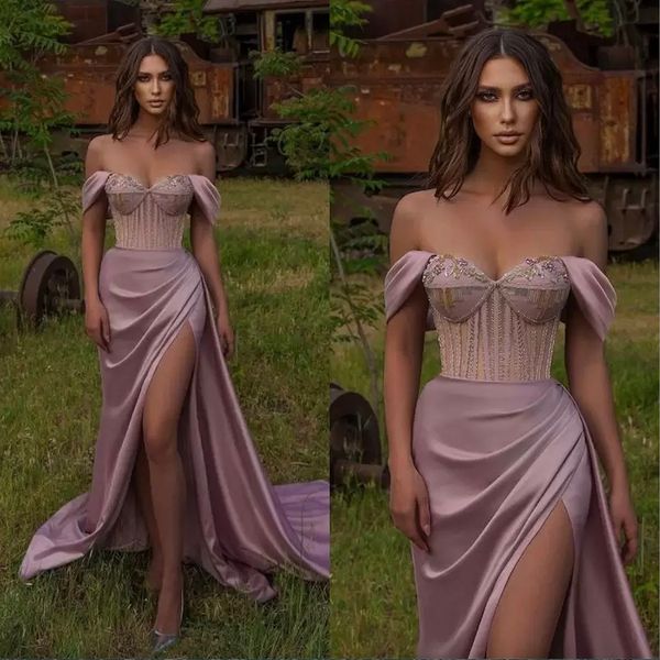 off the shoulder satin dusty pink split mermaid evening dresses 2023 prom gowns, Black;red 
off the shoulder satin dusty pink split mermaid evening dresses 2023 prom gowns, Black;red