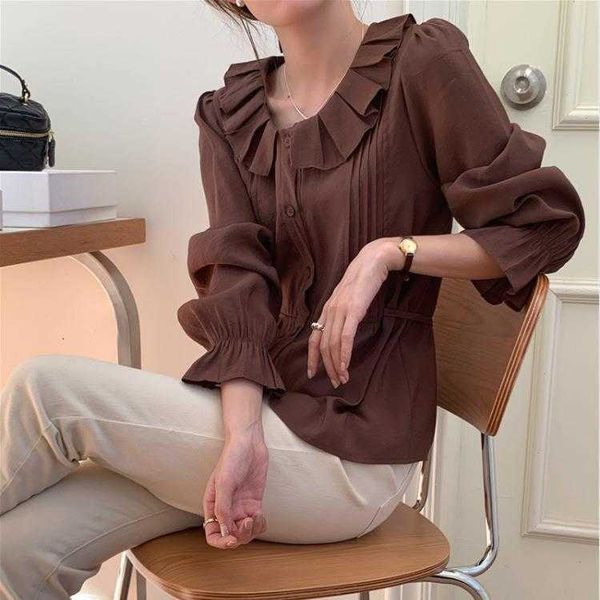 spring korean style pleated shirts ruffled collar single breasted solid color, White
spring korean style pleated shirts ruffled collar single breasted solid color, White