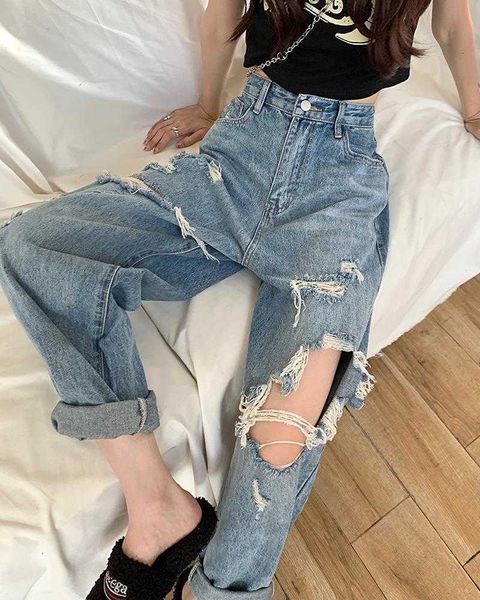 straight high waist ripped jeans womens summer cool loose slimming wide leg pants, Blue
straight high waist ripped jeans womens summer cool loose slimming wide leg pants, Blue