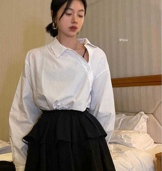 korean chic spring shirt diagonal buckle design sense niche lapel loose fitting, White
korean chic spring shirt diagonal buckle design sense niche lapel loose fitting, White