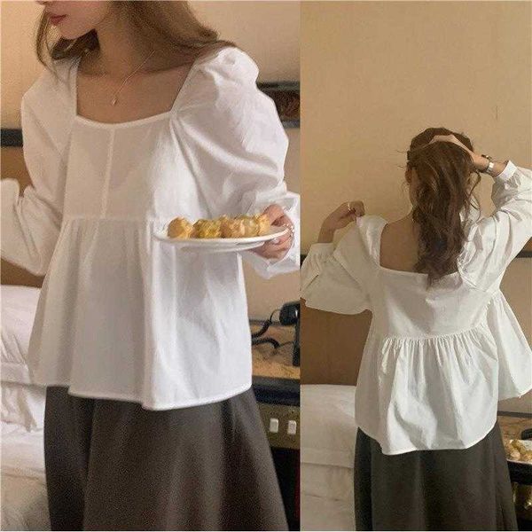 korean style shirt solid color front and back square collar loose puff sleeves, White
korean style shirt solid color front and back square collar loose puff sleeves, White