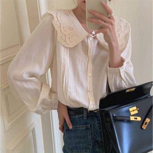 korean style blouses machine embroidery double layer lace collar hollow out long, White
korean style blouses machine embroidery double layer lace collar hollow out long, White