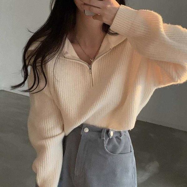 chic autumn sweater and winter leisure zipper lapel pullover loose shoulder long, White;black
chic autumn sweater and winter leisure zipper lapel pullover loose shoulder long, White;black