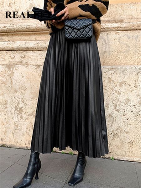 skirts black puleather pleated women high waist fashionable allmatch aline milong female 230413
