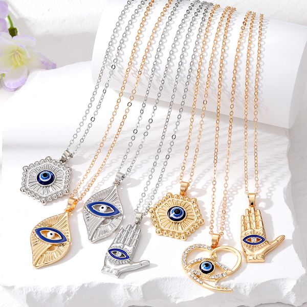 s3563 fatima palm geometric evil eye pendant necklace for women rhinestone enamel turkish blue eyes choker necklaces, Silver
s3563 fatima palm geometric evil eye pendant necklace for women rhinestone enamel turkish blue eyes choker necklaces, Silver