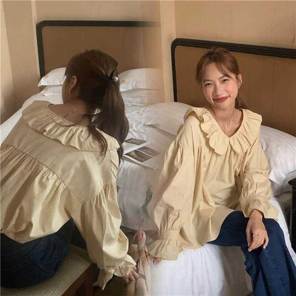 korean style pleated ruffle collar long sleeve shirt autumn loose solid color, White
korean style pleated ruffle collar long sleeve shirt autumn loose solid color, White