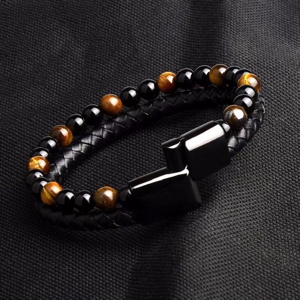 men's alloy leather cord natural stone bracelet double tiger eye volcanic stone beads bracelet, White
men's alloy leather cord natural stone bracelet double tiger eye volcanic stone beads bracelet, White