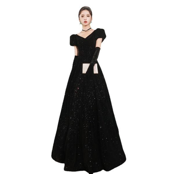 new evening dresses the bride elegant banquet black short sleeves floor-length long prom party gowns, Black;red
new evening dresses the bride elegant banquet black short sleeves floor-length long prom party gowns, Black;red