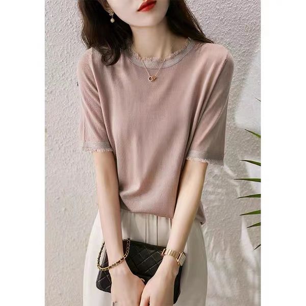 women's t-shirt fashion versatile round collar fringe ice thread short sleeve loose t-shirt cotton knit women's half sleeve casual, White
women's t-shirt fashion versatile round collar fringe ice thread short sleeve loose t-shirt cotton knit women's half sleeve casual, White