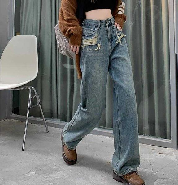 american retro pocket jeans for women 23 make old ripped niche design high waist, Blue
american retro pocket jeans for women 23 make old ripped niche design high waist, Blue