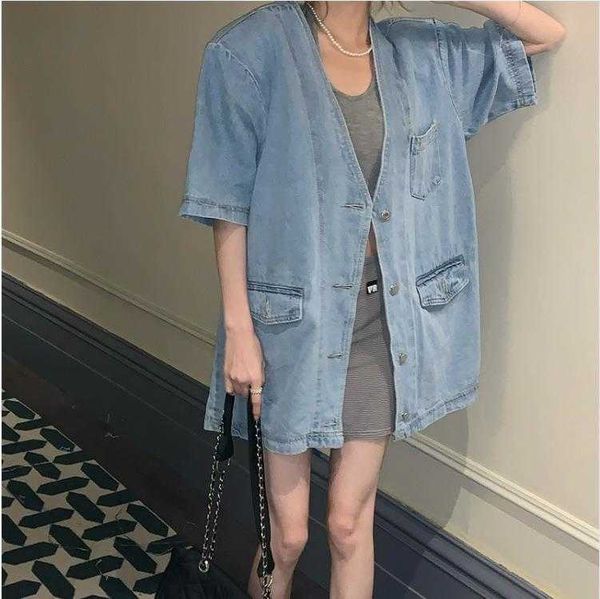 denim short sleeved shirt for women summer loose mid length japanese style retro, White
denim short sleeved shirt for women summer loose mid length japanese style retro, White