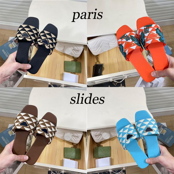 designer slides women embroidered fabric slippers metallic slide sandals luxury p sandal triangle chunky heels fashion summer beach low heel, Black 
designer slides women embroidered fabric slippers metallic slide sandals luxury p sandal triangle chunky heels fashion summer beach low heel, Black