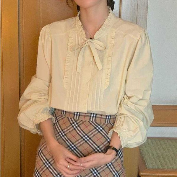 early spring french sweet wooden blouses ear pleated lace up solid color loose, White
early spring french sweet wooden blouses ear pleated lace up solid color loose, White