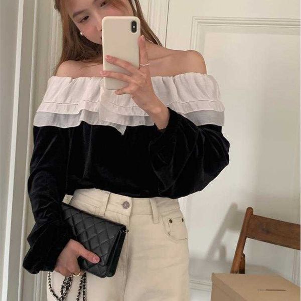 french style vintage blouses ruffled color matching off shoulder long sleeve, White
french style vintage blouses ruffled color matching off shoulder long sleeve, White