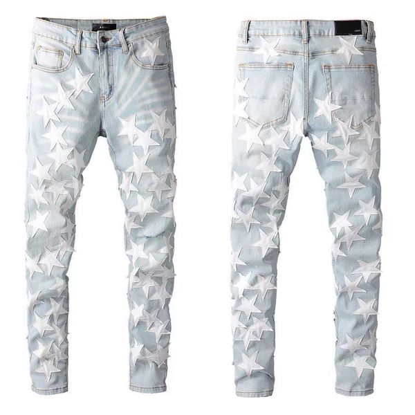 men's jeans designer luxury brand trousers ripped jeans pentagram patch washes slim-fit petite jeans cotton trousers, Blue
men's jeans designer luxury brand trousers ripped jeans pentagram patch washes slim-fit petite jeans cotton trousers, Blue