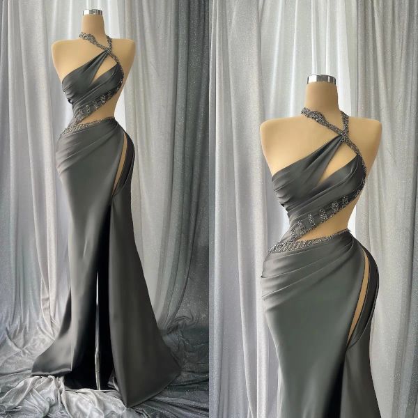 2023 designer grey mermaid prom dresses halter beaded high split satin custom made floor length evening gown formal occasion wear vestidos p, Black
2023 designer grey mermaid prom dresses halter beaded high split satin custom made floor length evening gown formal occasion wear vestidos p, Black