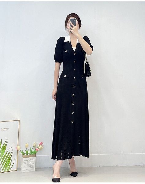 casual dresses sandro hollow v-neck knitted dress, Black;gray