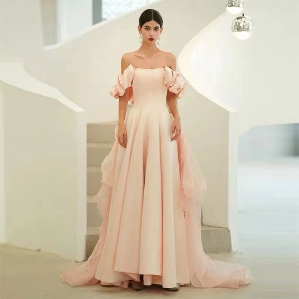 pink satin celebrity dresses off shoulder elegant boat neck backless a-line puff sleeves detachable train long tulle party gowns, Black;red
pink satin celebrity dresses off shoulder elegant boat neck backless a-line puff sleeves detachable train long tulle party gowns, Black;red