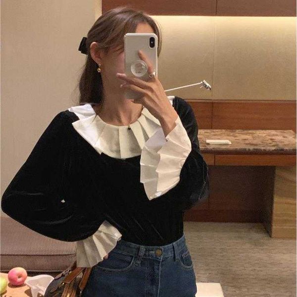korean style contrast color womens blouses pleated ruffle collar patchwork, White
korean style contrast color womens blouses pleated ruffle collar patchwork, White