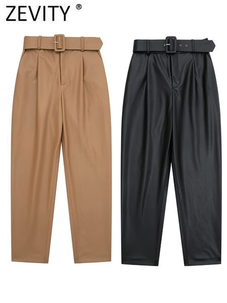 women's pants capris zevity women fashion side pocket pleats design pu leather harem pants office lady buckle sashes zipper fly trouser, Black;white
women's pants capris zevity women fashion side pocket pleats design pu leather harem pants office lady buckle sashes zipper fly trouser, Black;white