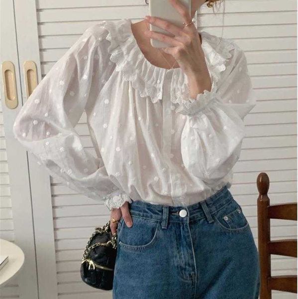 korean style lace stitching shirts embroidered crew neck micro transparent long, White
korean style lace stitching shirts embroidered crew neck micro transparent long, White