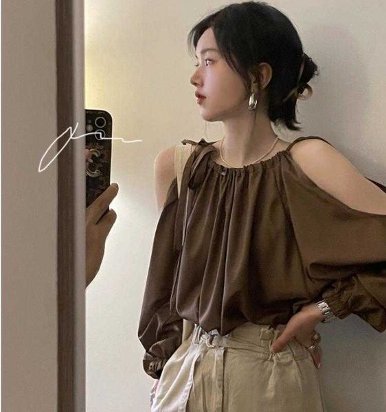 korean chic western style fashion blouses retro coffee color design sense lace up, White
korean chic western style fashion blouses retro coffee color design sense lace up, White