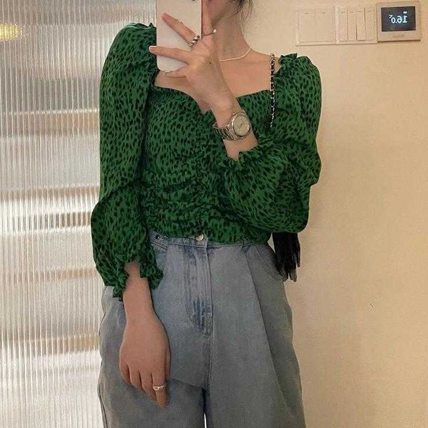 korean chic spring summer shirts french style retro green square collar leopard, White
korean chic spring summer shirts french style retro green square collar leopard, White