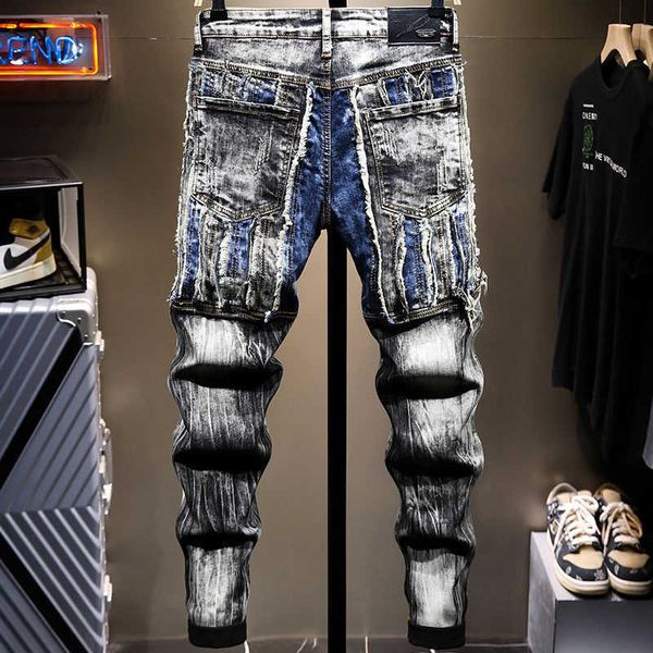 men's jeans men's patchwork ripped crop jeans trendy streetwear slim straight stretch denim pants mid waist ankle length trousers, Blue
men's jeans men's patchwork ripped crop jeans trendy streetwear slim straight stretch denim pants mid waist ankle length trousers, Blue