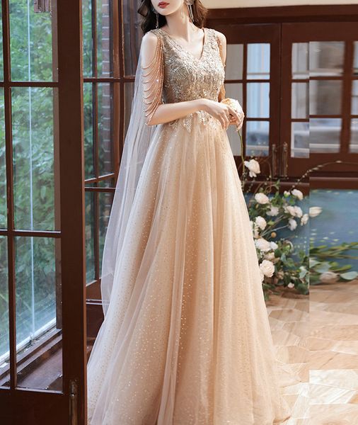 luxury champagne evening dress with shawl elegant v-neck a-line tassel sleeves beading lace up long prom celebrity gowns formal, Black;red
luxury champagne evening dress with shawl elegant v-neck a-line tassel sleeves beading lace up long prom celebrity gowns formal, Black;red