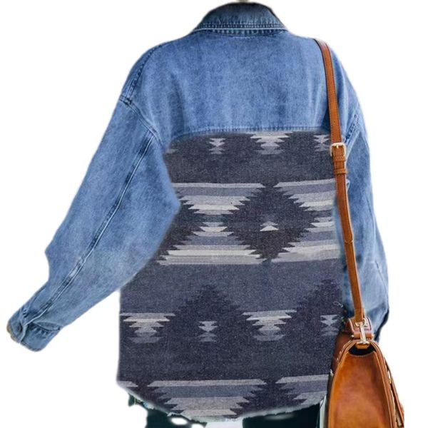 spring 2023 women's jacket european and american new casual geometric pattern denim paneled jacket ozxj004, Black;brown
spring 2023 women's jacket european and american new casual geometric pattern denim paneled jacket ozxj004, Black;brown