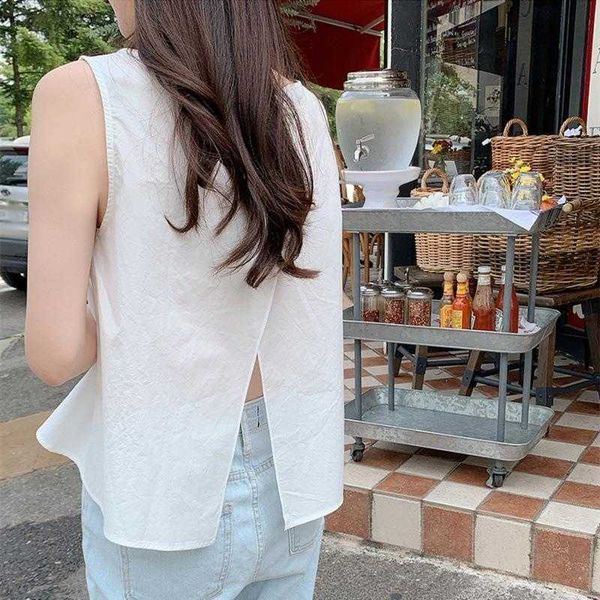 scheming back one button split design sleeveless shirt womens korean round neck, White
scheming back one button split design sleeveless shirt womens korean round neck, White