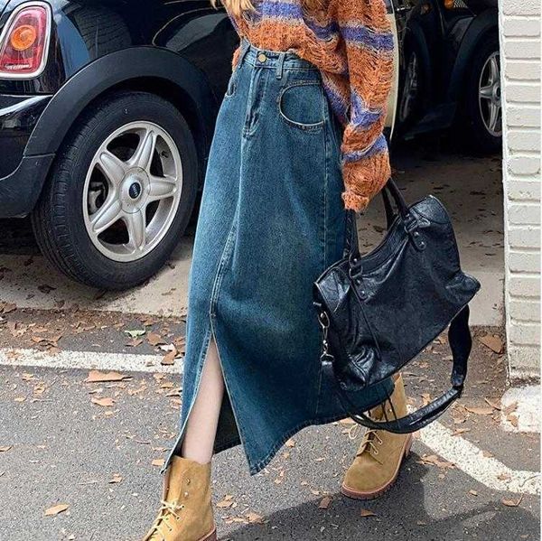 high waist straight leg denim skirt autumn winter retro loose slimming slit mid, Black
high waist straight leg denim skirt autumn winter retro loose slimming slit mid, Black