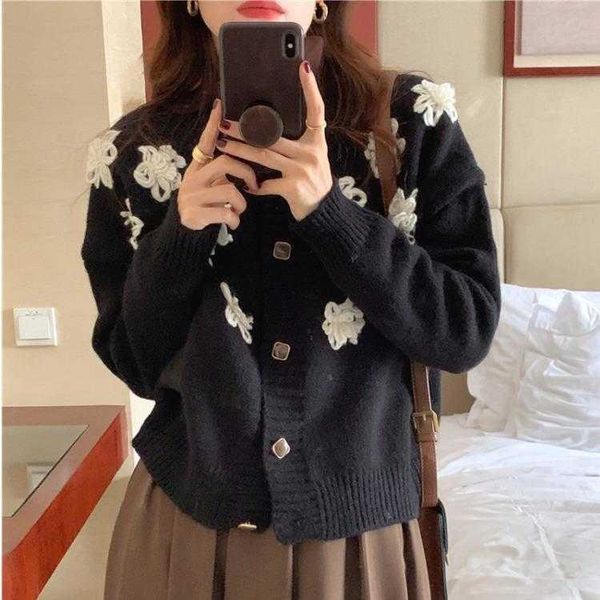 french retro three dimensional flower sweater cardigan coat womens autumn and, White;black
french retro three dimensional flower sweater cardigan coat womens autumn and, White;black