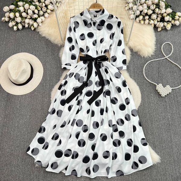 french kikyo long dress summer fashion 3/4 sleeve polo neck wrapped waist show thin wave dot print a-line shirt dress, Black;gray
french kikyo long dress summer fashion 3/4 sleeve polo neck wrapped waist show thin wave dot print a-line shirt dress, Black;gray