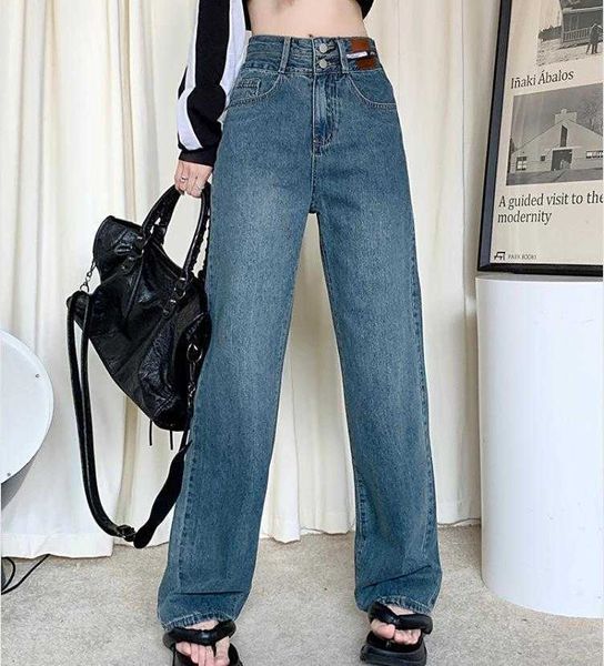 high waist two button design jeans for women autumn mop pants ins street straight, Blue
high waist two button design jeans for women autumn mop pants ins street straight, Blue