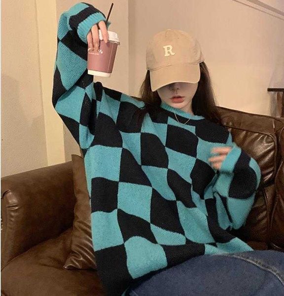 retro contrast color chessboard plaid sweater comfortable outerwear loose, White;black
retro contrast color chessboard plaid sweater comfortable outerwear loose, White;black