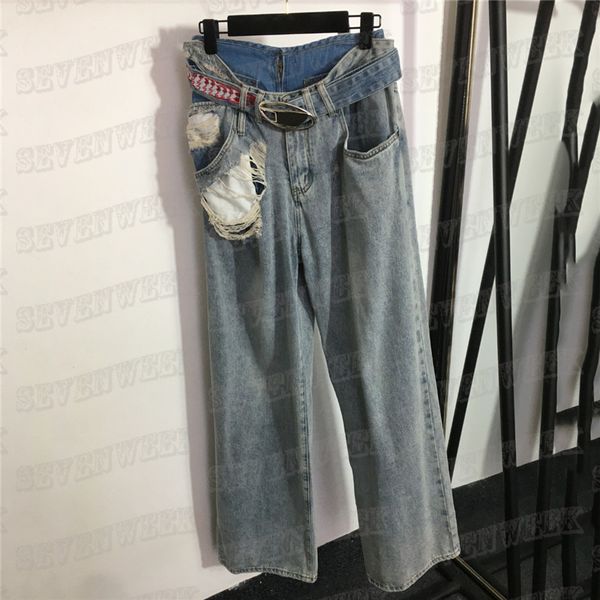 women jeans shorts with letter belt fashion hole splicing fake two piece denim long pants, Blue
women jeans shorts with letter belt fashion hole splicing fake two piece denim long pants, Blue