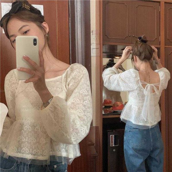 spring and autumn salt shirt sweet micro transparent mesh stitching back lace up, White
spring and autumn salt shirt sweet micro transparent mesh stitching back lace up, White