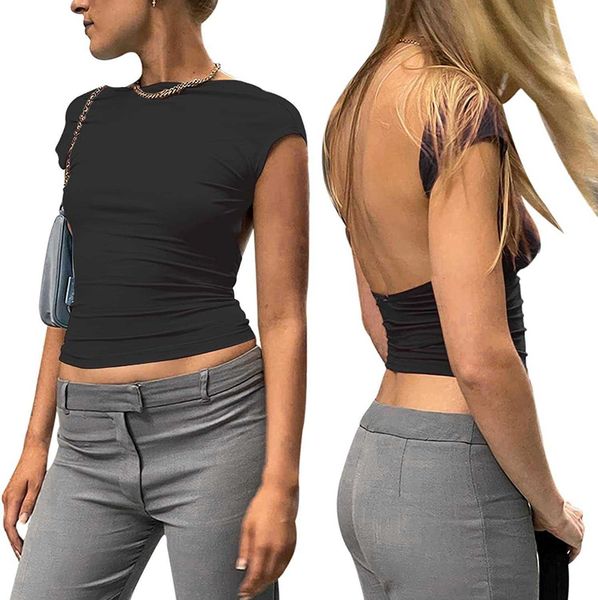 fashion women's backless designer short sleeve slim fit crewneck new summer casual y2k crop tee, Black
fashion women's backless designer short sleeve slim fit crewneck new summer casual y2k crop tee, Black